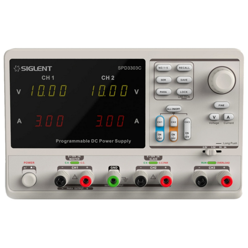 SPD3303C zasilacz lab. programowalny DC 2x 30V/3A, 1x 2.5V/3.3V/5V/3A, rozdz.10mV,10mA